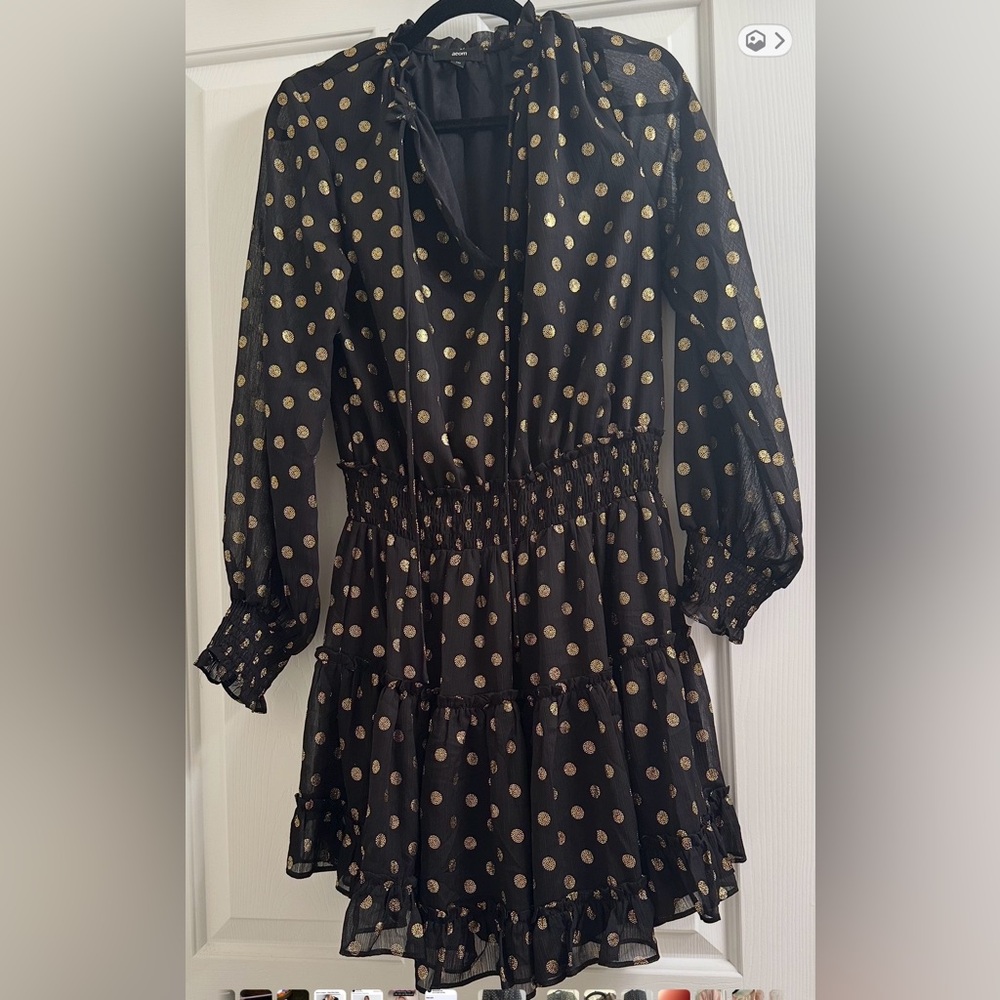 Black Long-Sleeve Tiered Dress with Gold Dot Accent